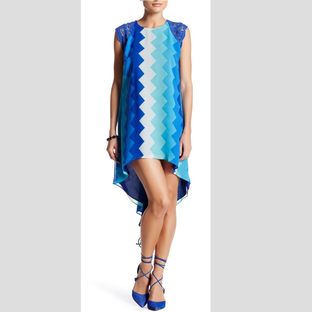 Blue Chevron High-Low Shift Dress